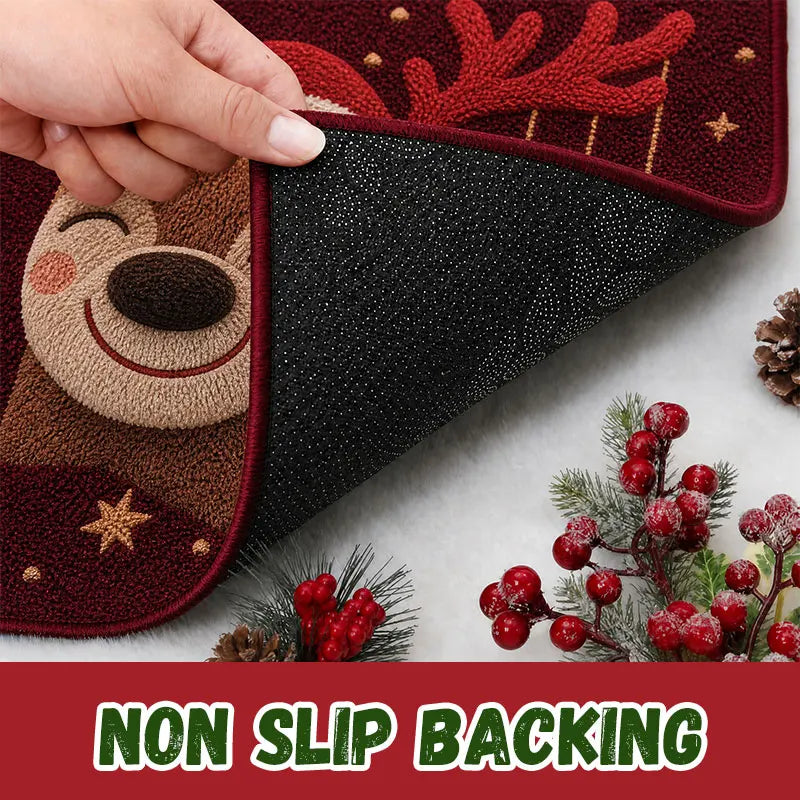 tapis sol antidérapant rennes souriants étoiles dorées extérieur entrée noël moderne rouge beige doré