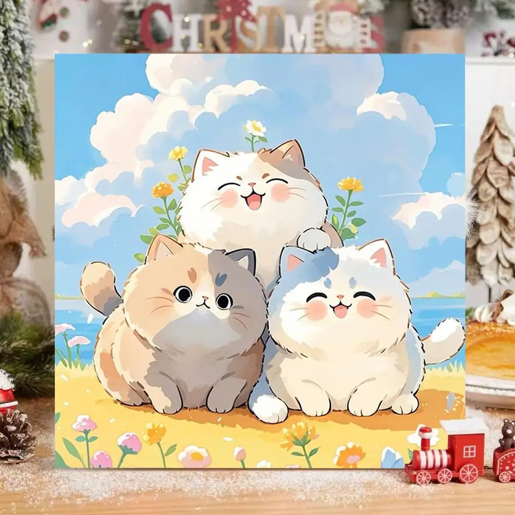 tableau illustration cartoon chats mignons couleur bleu blanc décoration murale enfants chambre enfant animé