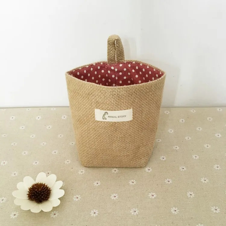 sac rangement toile jute pois rayures blanc noir rustique boho chic anneaux métalliques étiquette