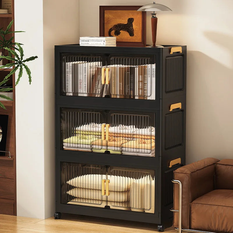meuble rangement noir grille transparente moderne roulettes pliable grande capacité