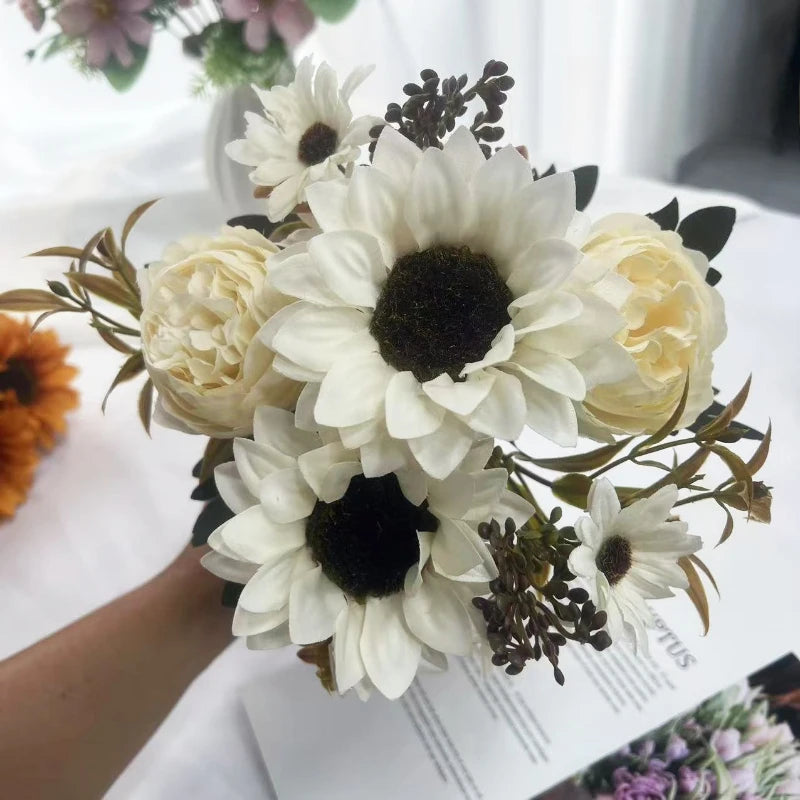 bouquet fleurs artificielles tournesol moderne orange jaune rouge blanc vert décoration intérieure mariage anniversaire