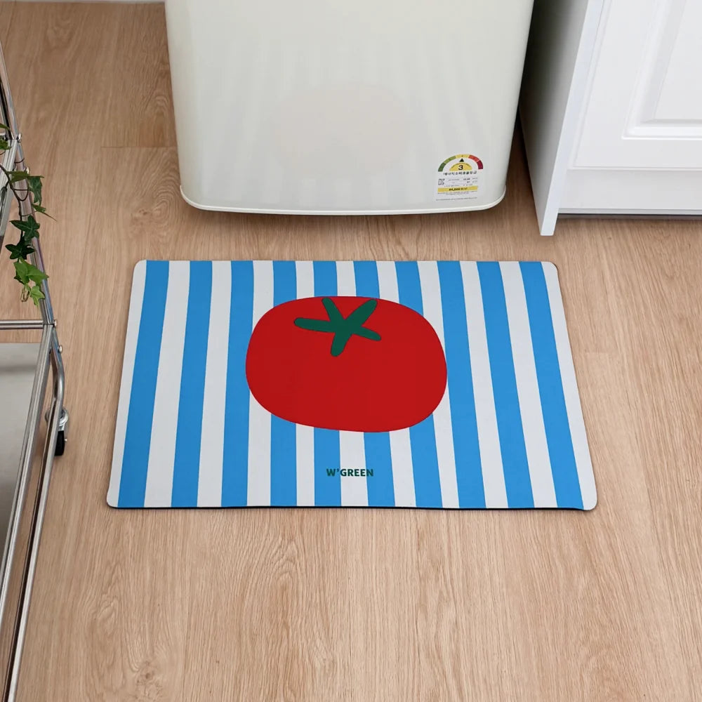 tapis antidérapant moderne bleu clair rouge vert tomate stylisée sol salle bain porte decoration