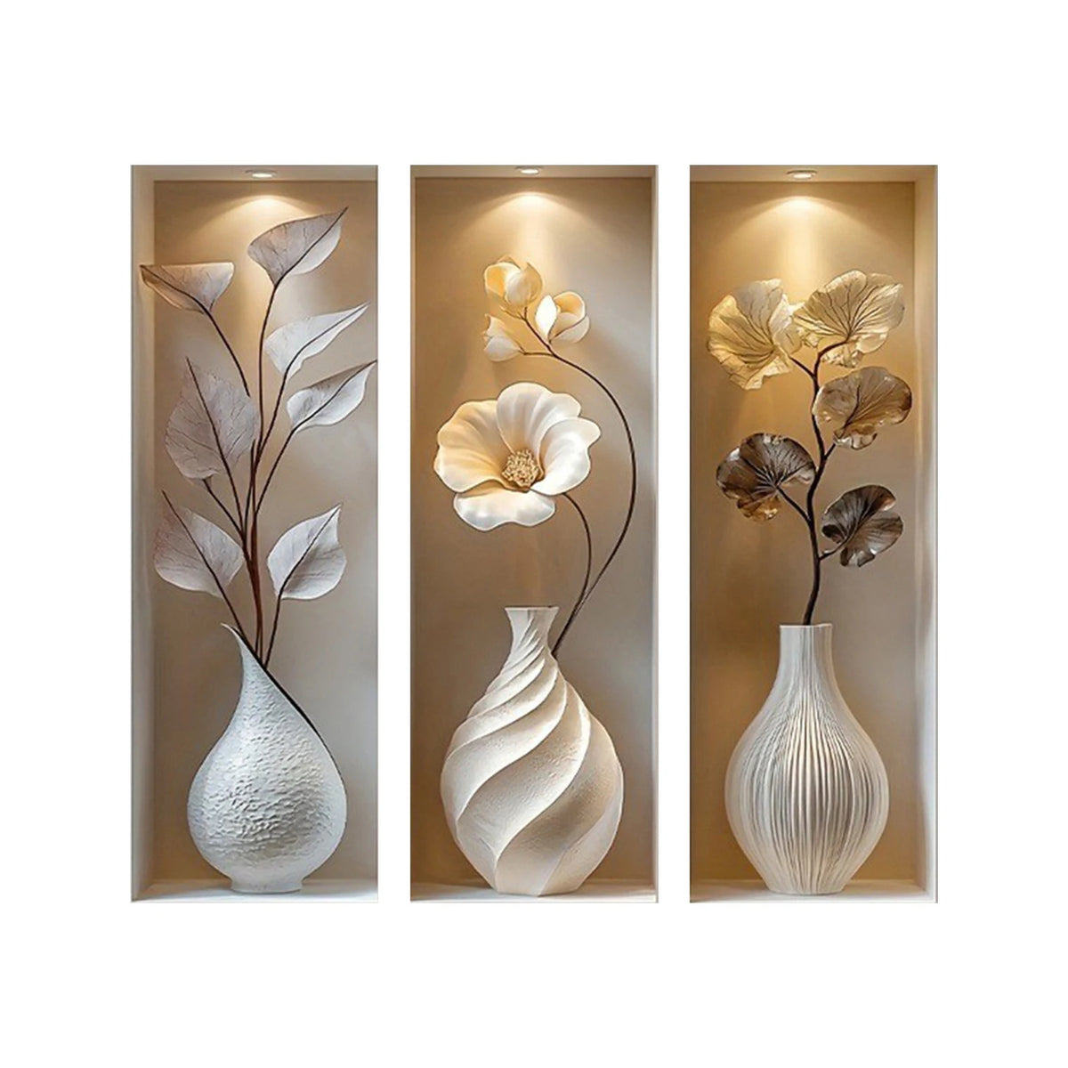 décorations murales modernes blanc beige doré fleurs vases sculptés opaquesintérieur salon chambre