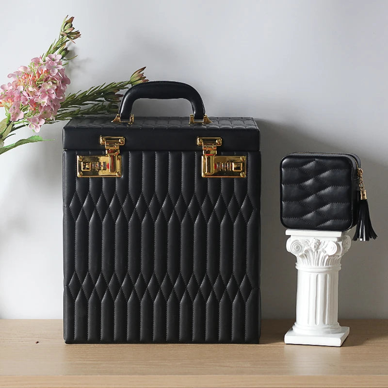 boîte bijoux cuir quilted miroir tiroirs serrure combinaison vintage femmes