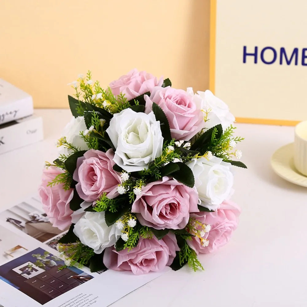 décoration mariage bouquet roses artificielles feuilles vertes anniversaire baby shower intérieur classique blanc rose