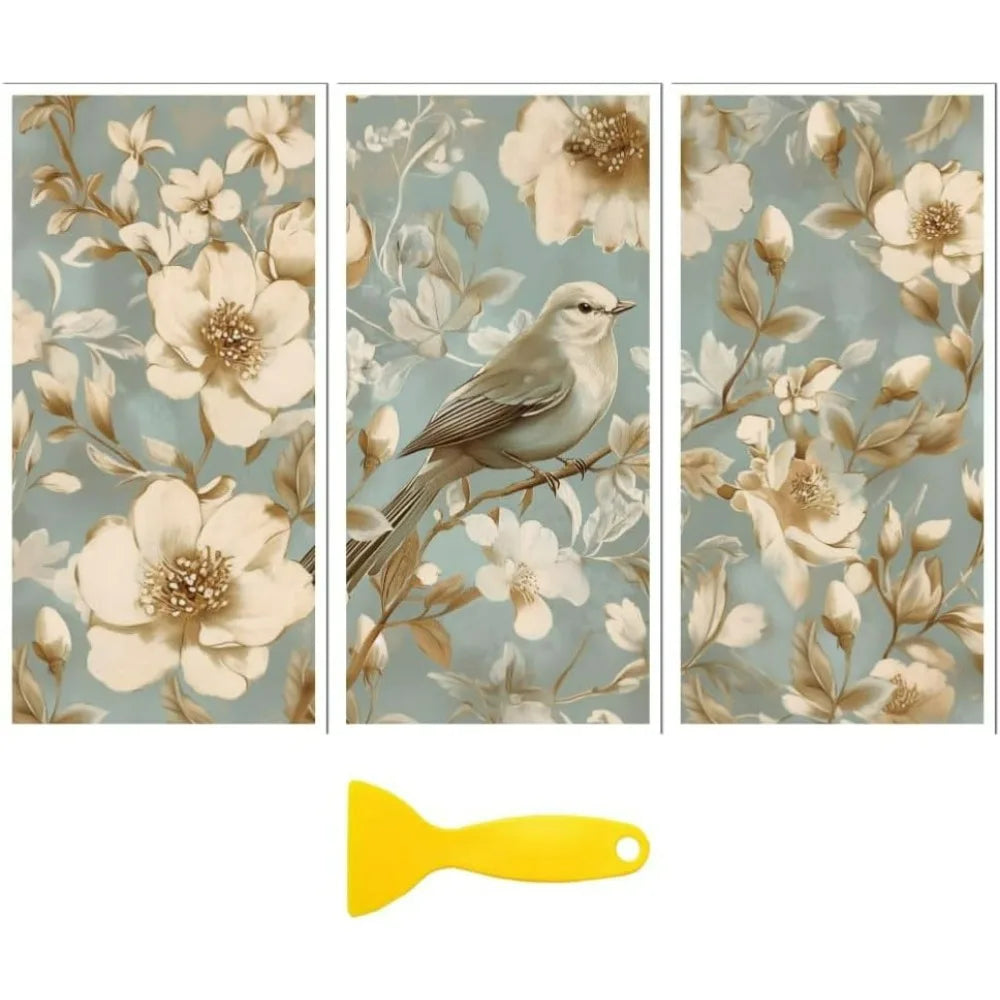 sticker mural vintage fleurs oiseaux bleu clair beige blanc adhésif couteau inclusion