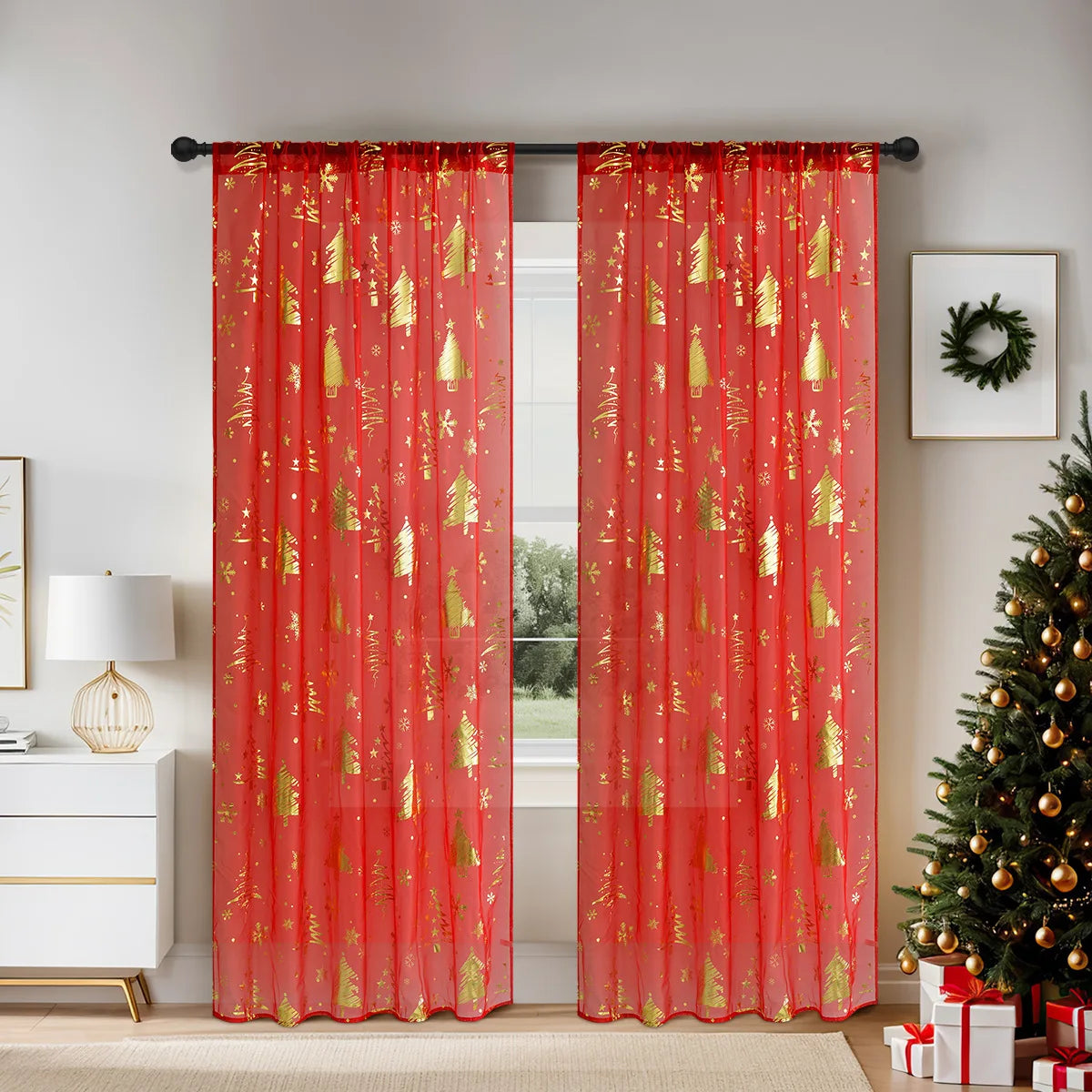 rideaux transparents festif motif flocons noel merry christmas rouge doré français moderne chambre salon