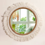 miroir mural bohème tressé franges blanches corde beige clair chambre salon decoration