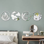 décoration murale moderne cercle argenté noir doré feu nuages vague montagnes 20x20cm
