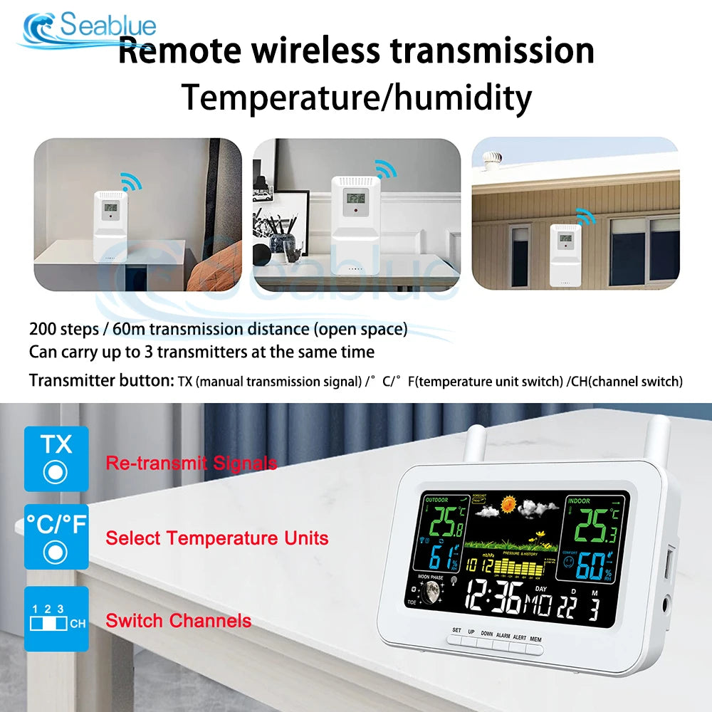 station météo radio capteur extérieur sans fil écran lcd prévisions météo température humidité horloge