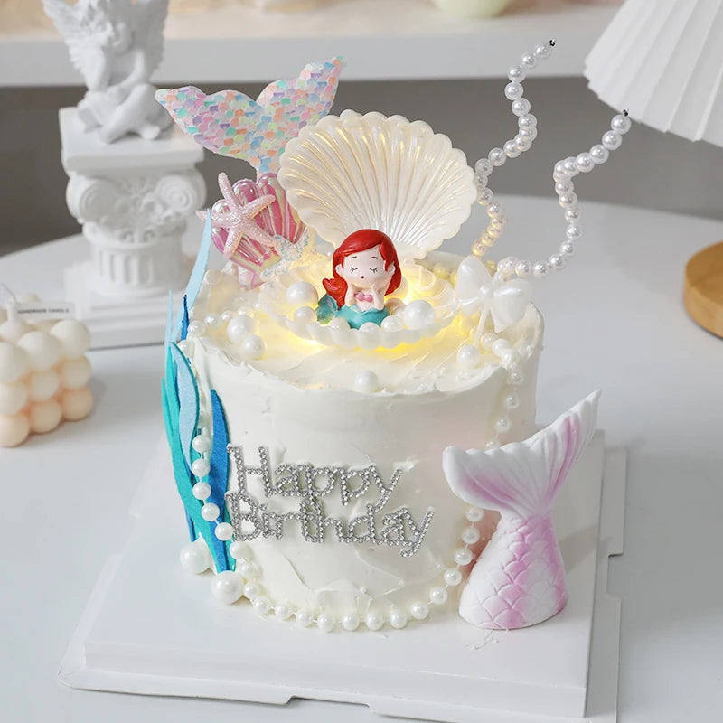 figurine sirène poisson coquillage gâteau anniversaire thème sous marin décoratif happy birthday
