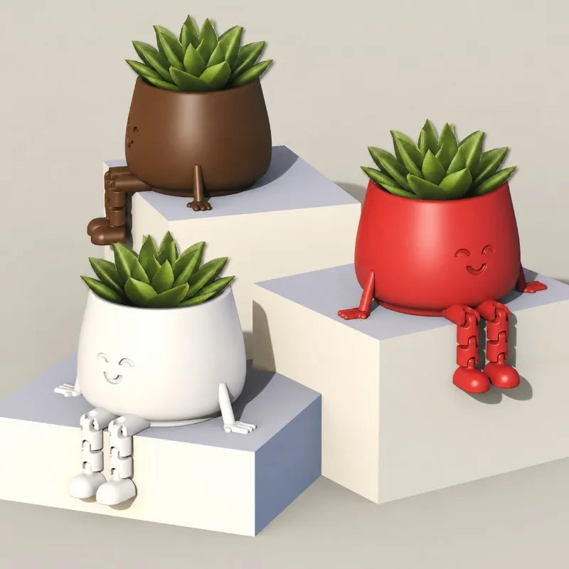 cache pot visage souriant rouge blanc noir plantes succulentes moderne articulation flexible décoration mignonne