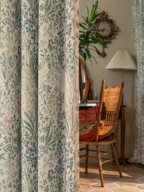 rideau occultant floral vintage beige vert bleu coton lin classique salon chambre maison intérieur