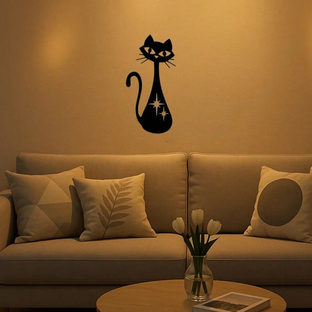 sticker mural moderne chat étoiles noir décoration intérieure unique fond opaque vintage