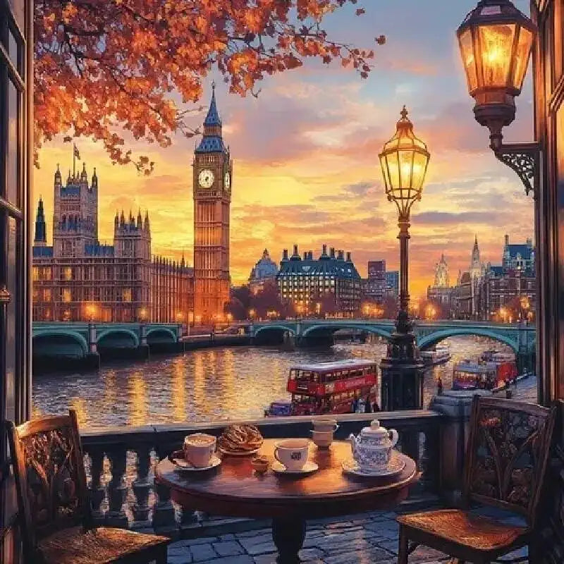tableau diamant paysage urbain multicolore big ben voitures arbres peinture résine moderne artiste 25x25cm