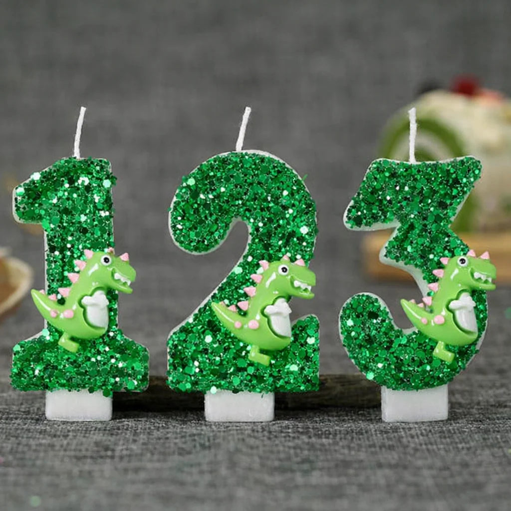 bougies anniversaire forme chiffre glitter vert dinosaure décoratives tringle inclusion boîte transparente