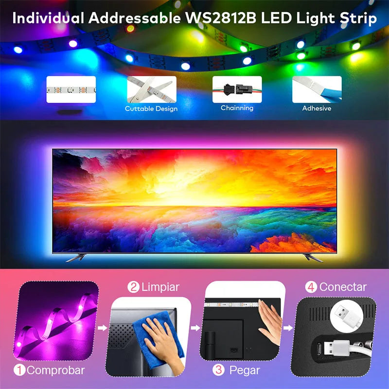 ruban led multicolore rayures horizontales adhésif controle application mobile led 5050 ws2812bRGBO