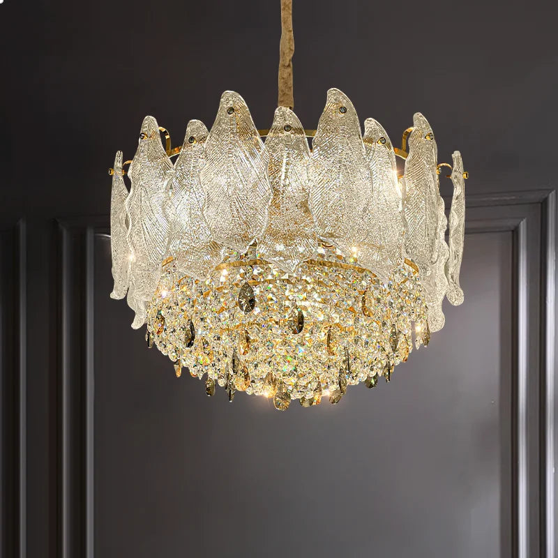 lustre cristal transparent doré feuilles pendeloques classique chambre salon