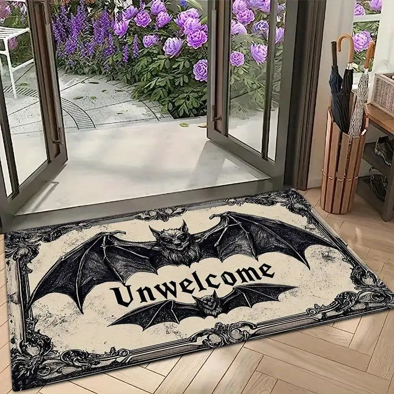 tapis d'entrée gothique chauve souris unwelcome moderne beige noir antidérapant vintage