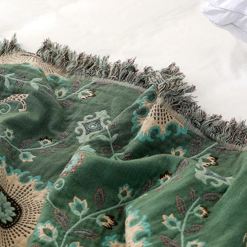 couverture coton jacquard fleur complexe vert beige marron rose traditionnelle hiver été canapé lit