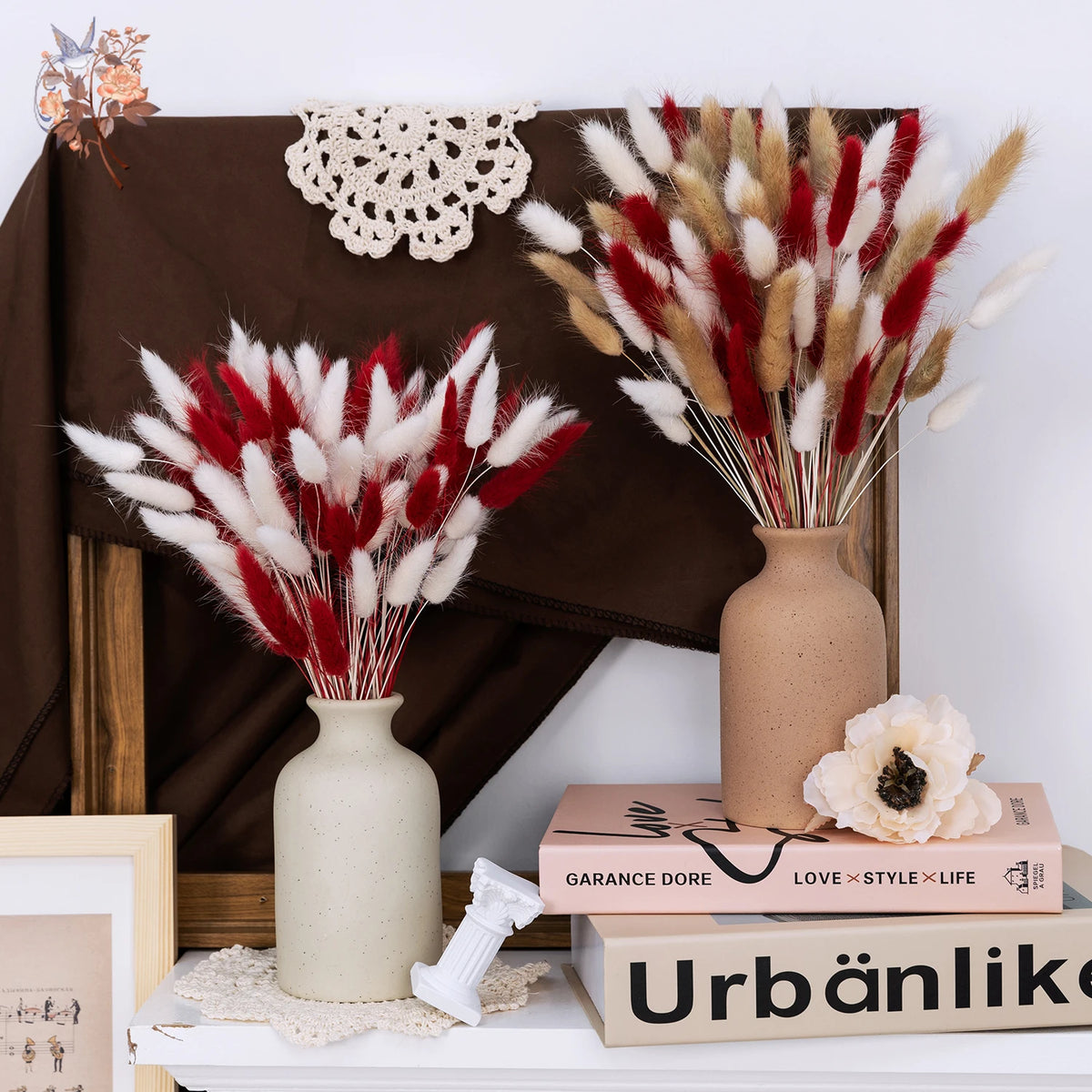décoration maison dried flowers bouquet plumes naturelles rouge blanc anniversaire mariage festiveintérieur