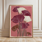 toile peinte fleurs stylisées moderne rose rouge blanc cadre bois chambre salon decoration
