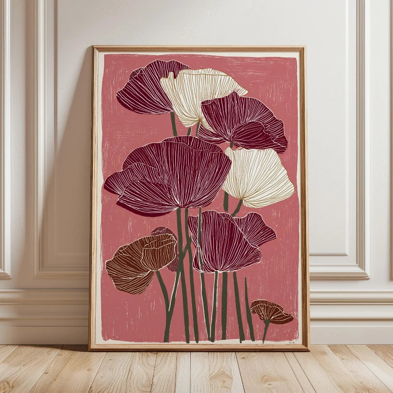 toile peinte fleurs stylisées moderne rose rouge blanc cadre bois chambre salon decoration