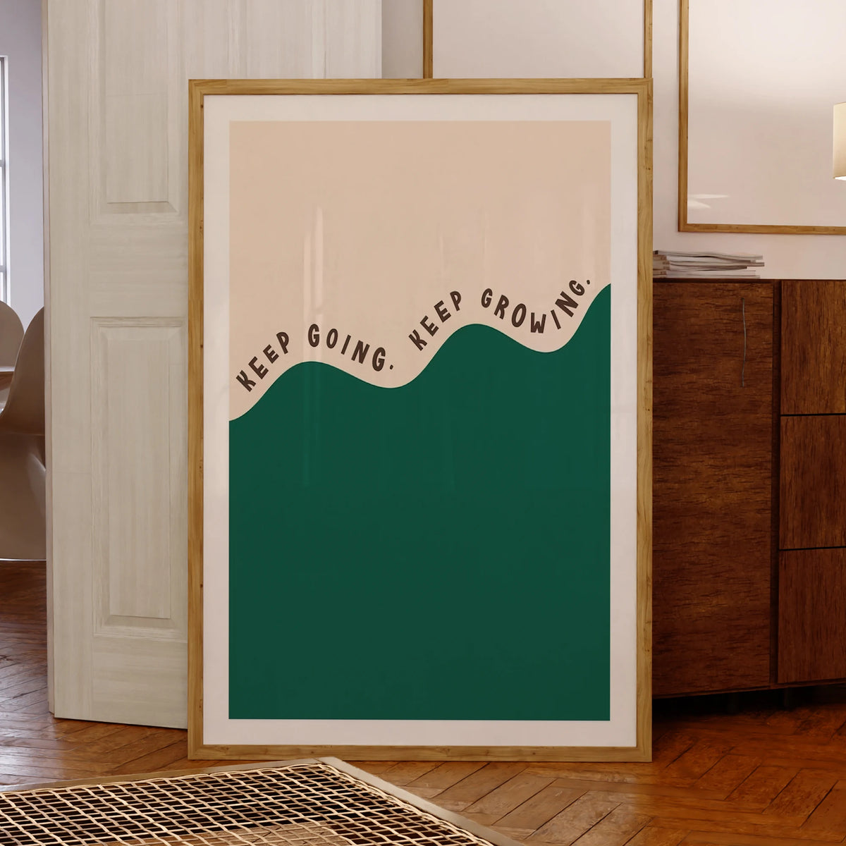 affiche graphique minimaliste beige vert keep going cadre métal salon chambre enfants decoration maison