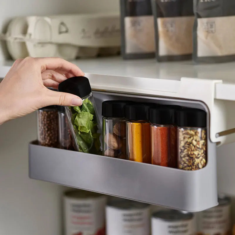 organisateur épices adhésif moderne gris noir transparent cuisine rangement bouteilles assaisonnement