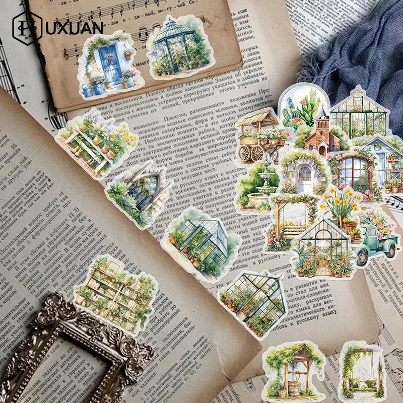 autocollants jardin fleurs maison vintage romantique illustrés adhésifs multicolores blanc beige jaune rose