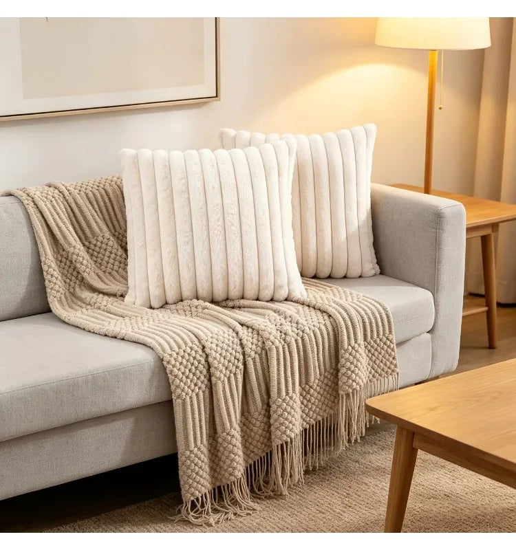 housses coussin fausse fourrure imitation cashmere rayées modernes polyester coton machine lavable fermeture zip