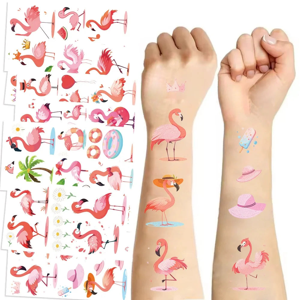autocollants temporaires flamants roses chapeaux fleurs anniversaire mariage fêtes enfants avril transparents illustration