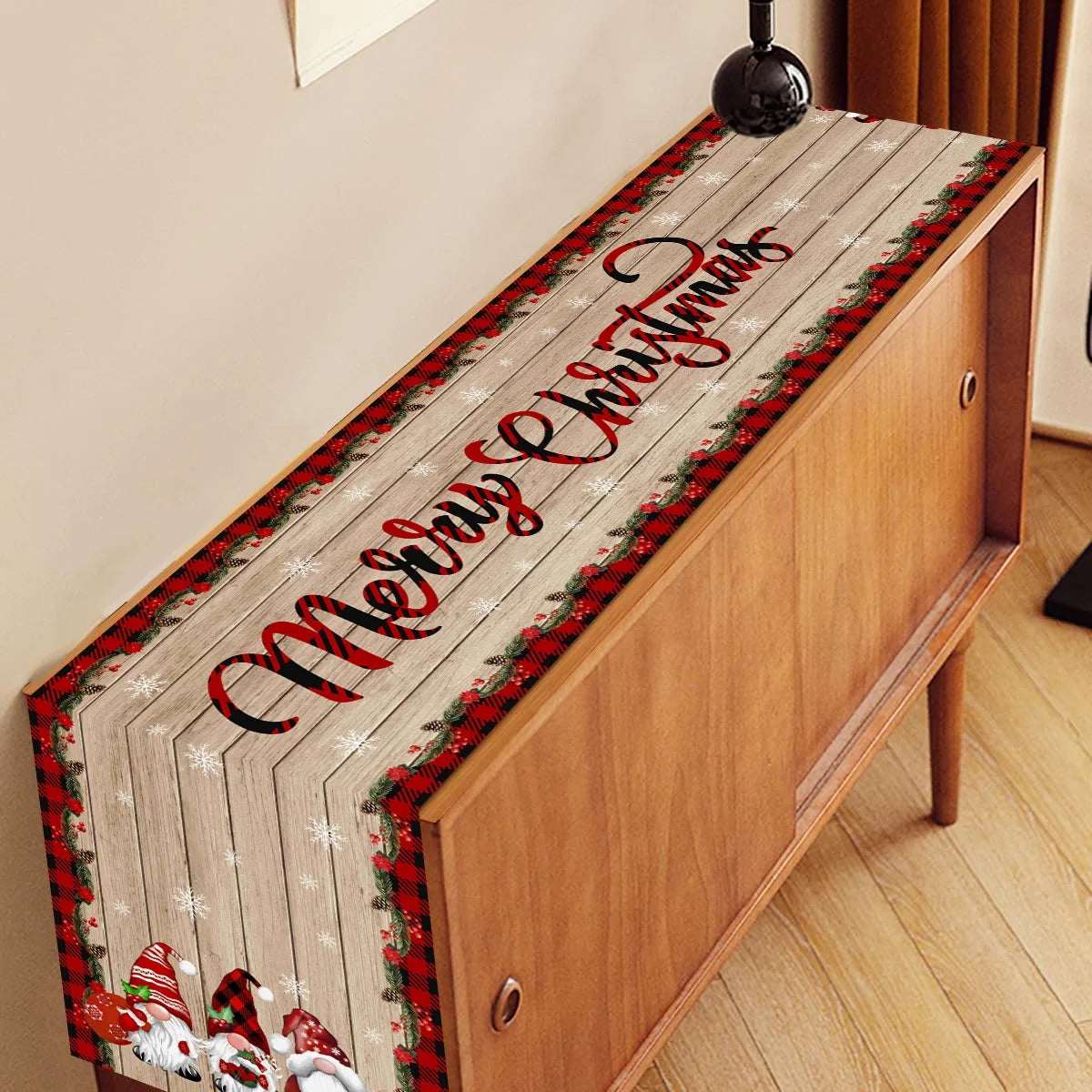 chemin table noël motifs lutins flocons carreaux bois marron blanc rouge vert festive rustic