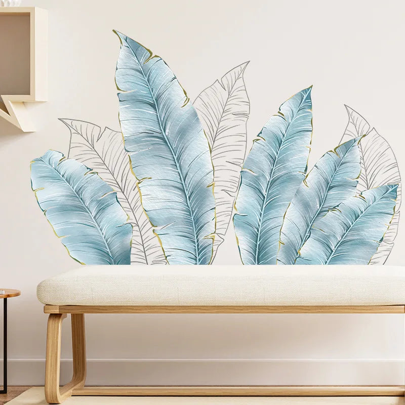 sticker mural feuilles palmier bleu clair blanc doré moderne décoration intérieure adhésif auto collant