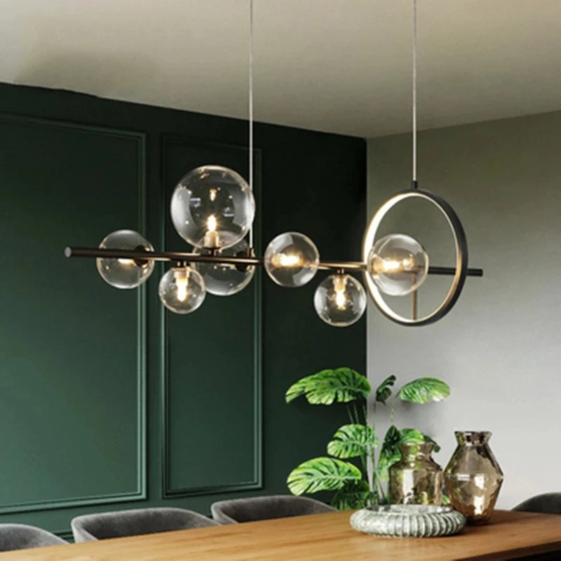 suspension lumineuse moderne noir boules transparentes scandinave chaînes suspendues interrupteur poussoir lumière salon cuisine