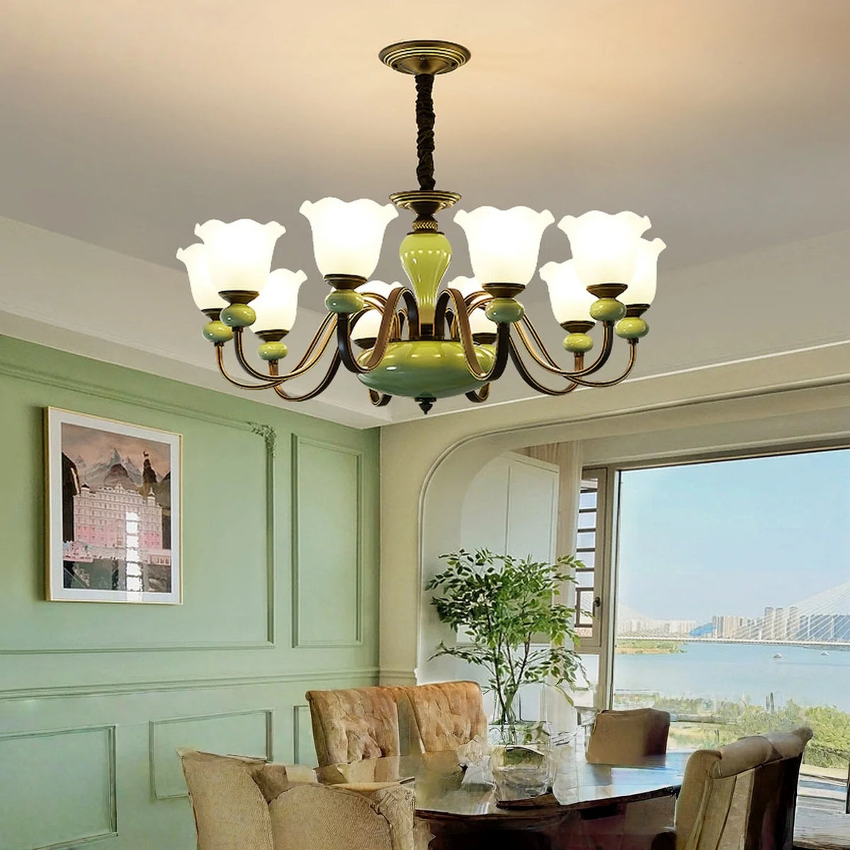 lampe suspendue led céramique verte verre translucide classique chaîne métallique télécommande 15 têtes lumière