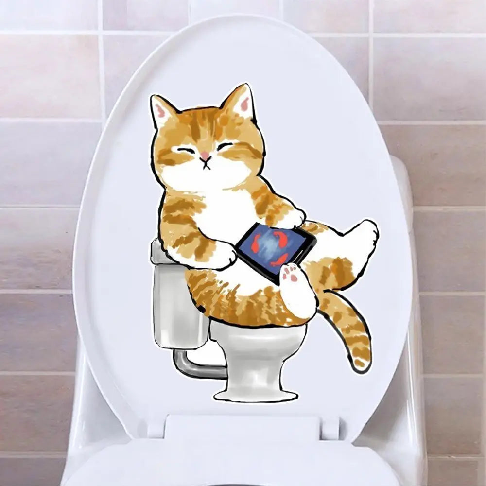 sticker mural chat cartoon adhésif toilette smartphone orange blanc beige gris