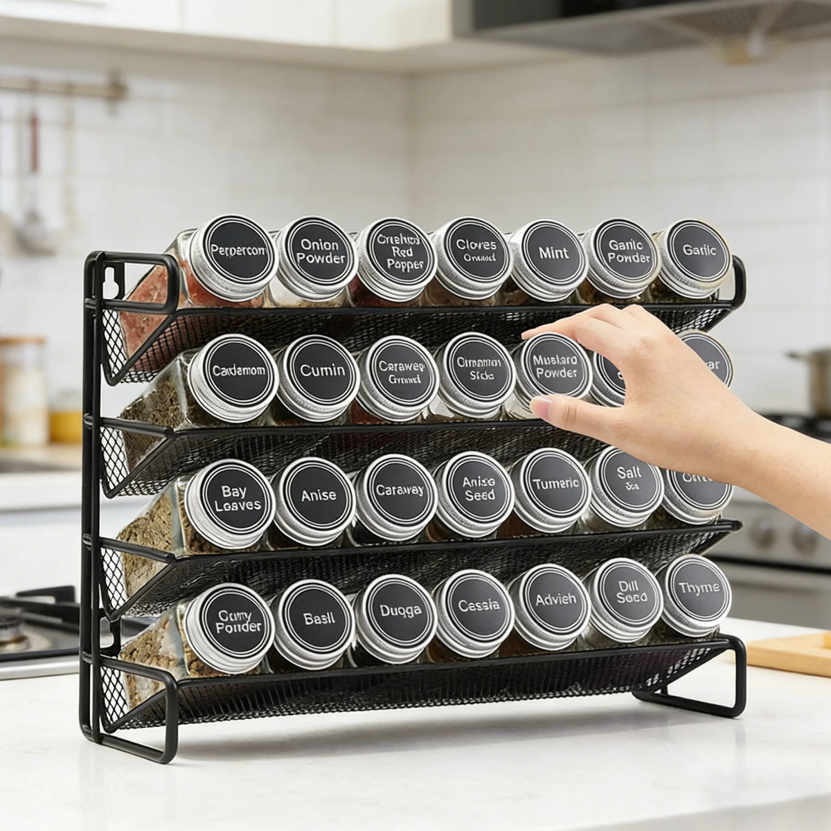 étagère épices acier noir contemporaine fixations multiples cuisine garde manger bouteilles épices organisation réutilisable
