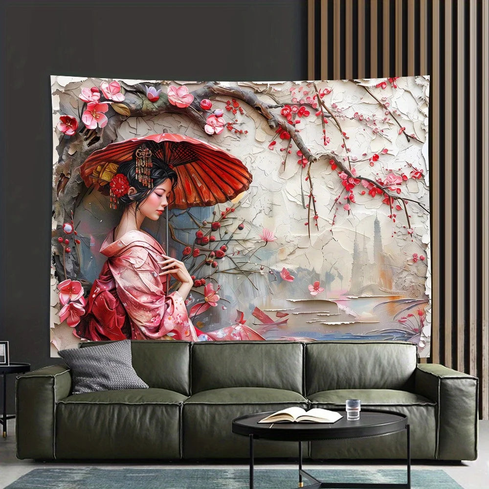 Toile d'art fleurs cerisier femme kimono paysage rouge rose beige gris bleu vert 150X200cm