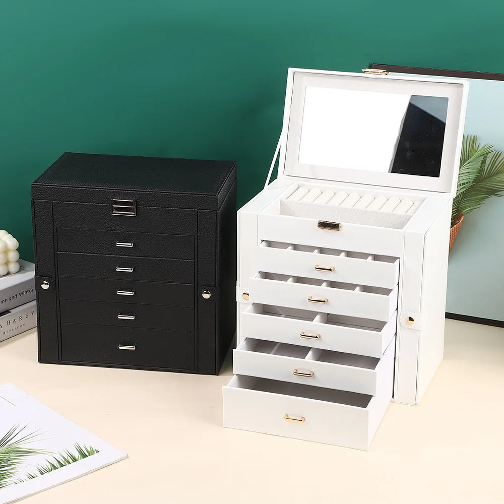 boîte bijoux moderne pliable miroir couches simili cuir poignées dorées blanc noir