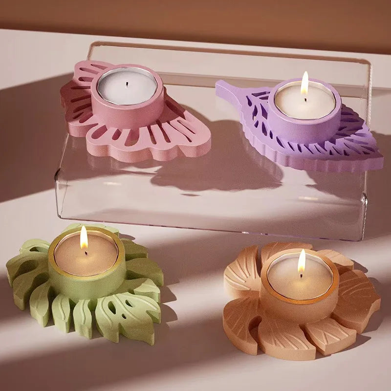 support bougie feuilles stylisées violet vert beige moderne décoratif silicone transparent opacité