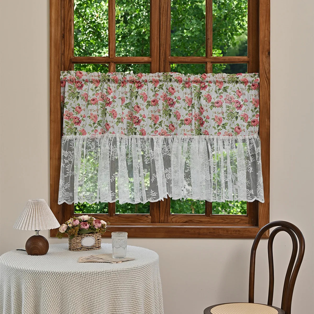 rideau fenêtre vert clair fleurs dentelle vintage taille 140x50cm polyester translucide
