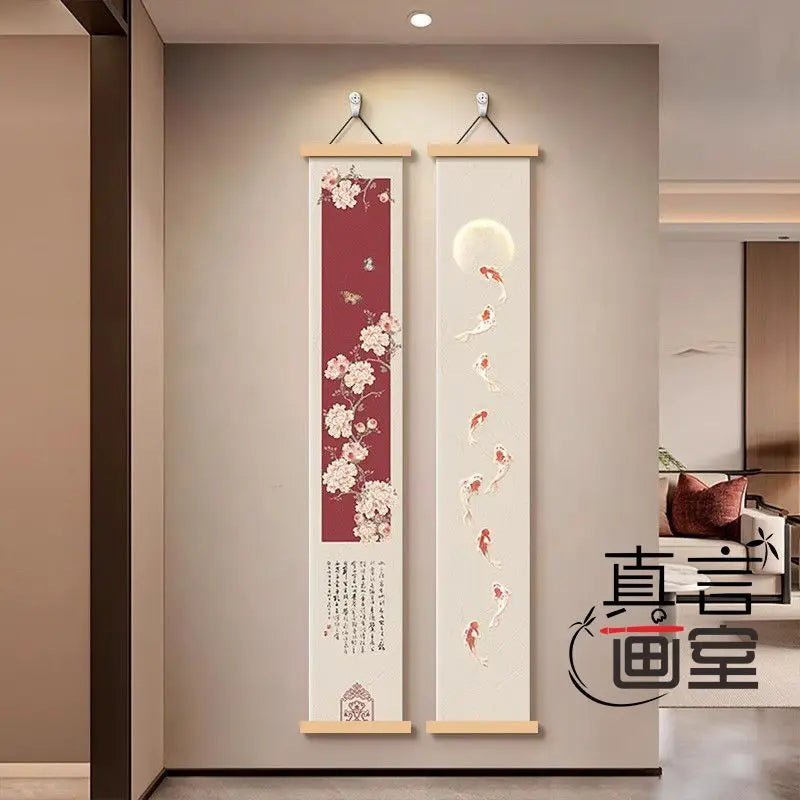 peinture suspendue scénique fleurs papillons textes rouge blanc beige vert noir traditionnelle japonaise crochets