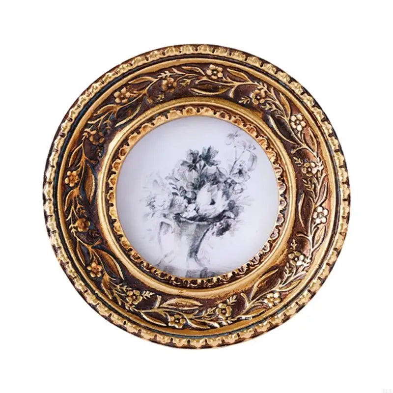Cadre photo ovale relief floral or marron bleu foncé classique inclusion photo fleurs vase