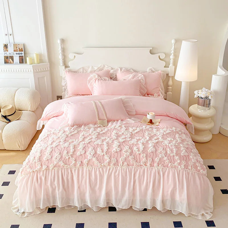 ensemble literie romantique rose broderie roses blanches fronces taies d'oreiller drap plat king queen