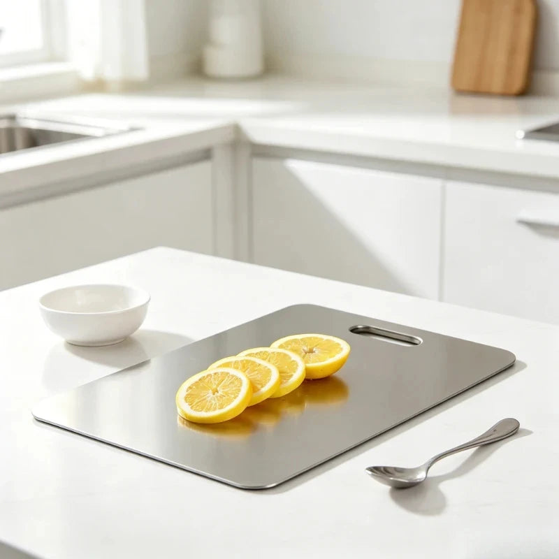 planche découper argentée moderne lisse poignée intégrée minimaliste inoxydable durable cuisine