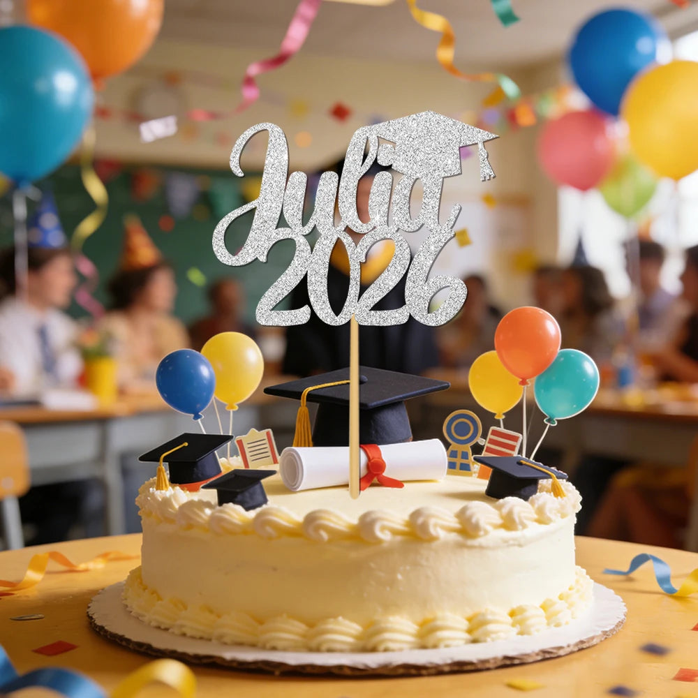 gâteau graduation personnalisable lettres motifs festifs diplômes livres étoiles blanc violet bleu doré rose