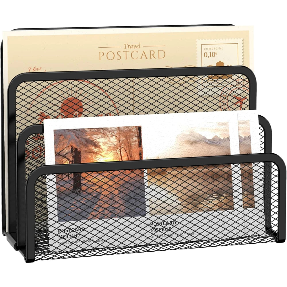 rangement industriel métal ajouré noir semi transparent trois compartiments postcards stylos lettres notebooks moderne