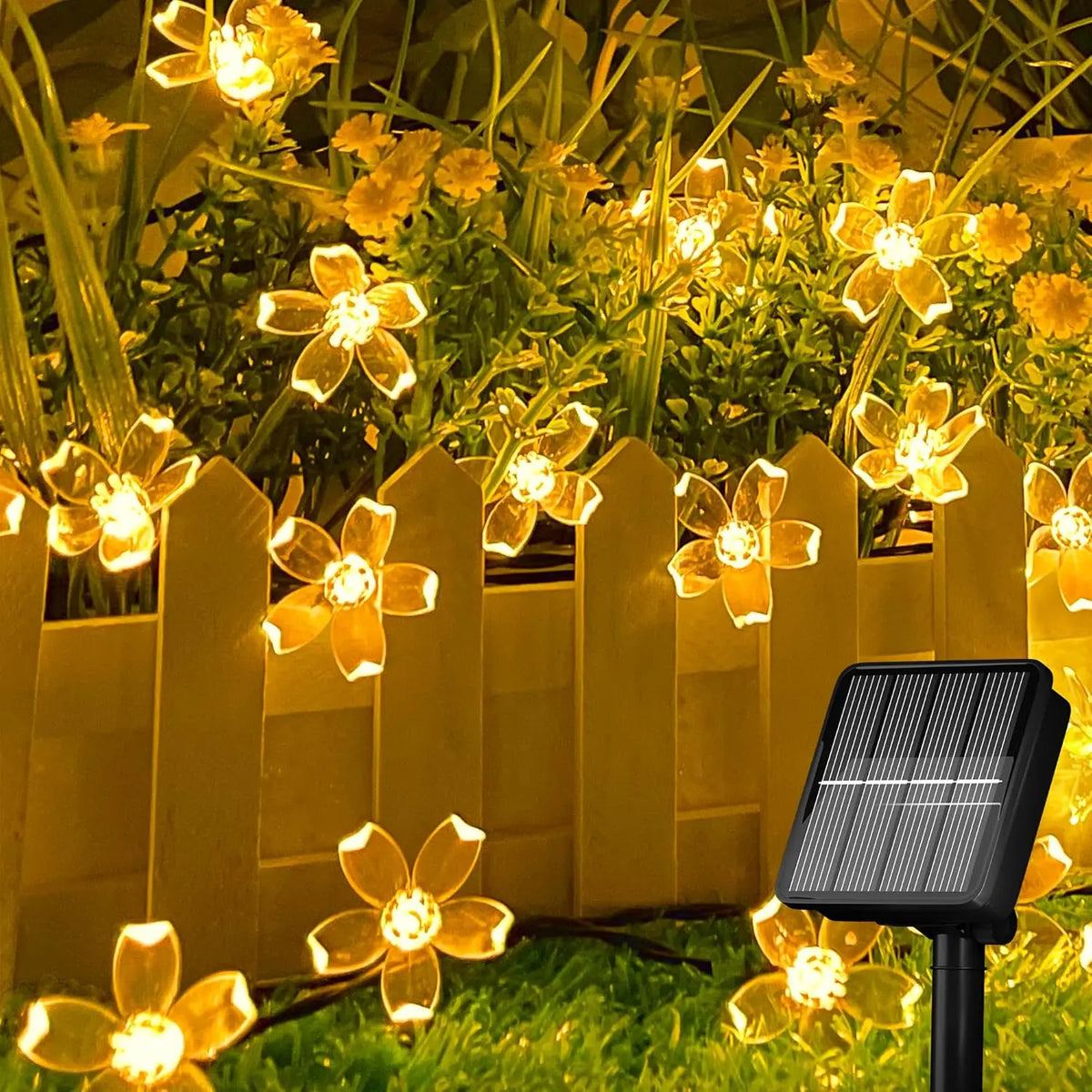 guirlande lumineuse solaire fleurs blanc doré 5m 20leds 7m 50leds moderne