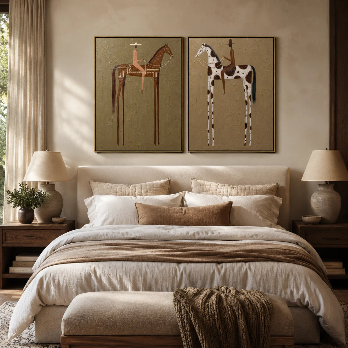 tableau moderne minimaliste chevaux stylisés motifs géométriques couleur marron beige noir blanc toile sans
